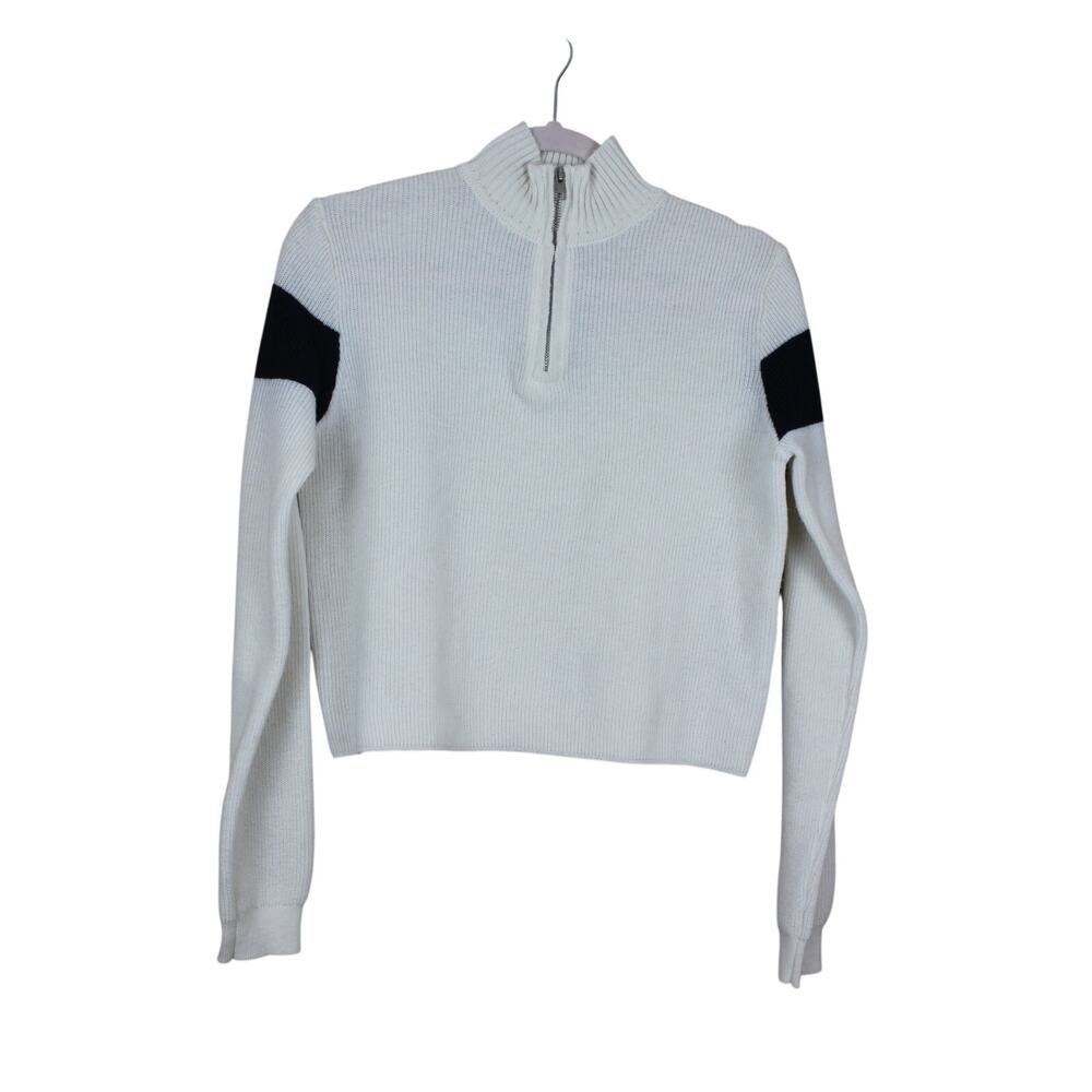 Brandy Melville Cream &‎ Navy Blue Long Sleeve Knit Quarter Zip Crop Sweater XS